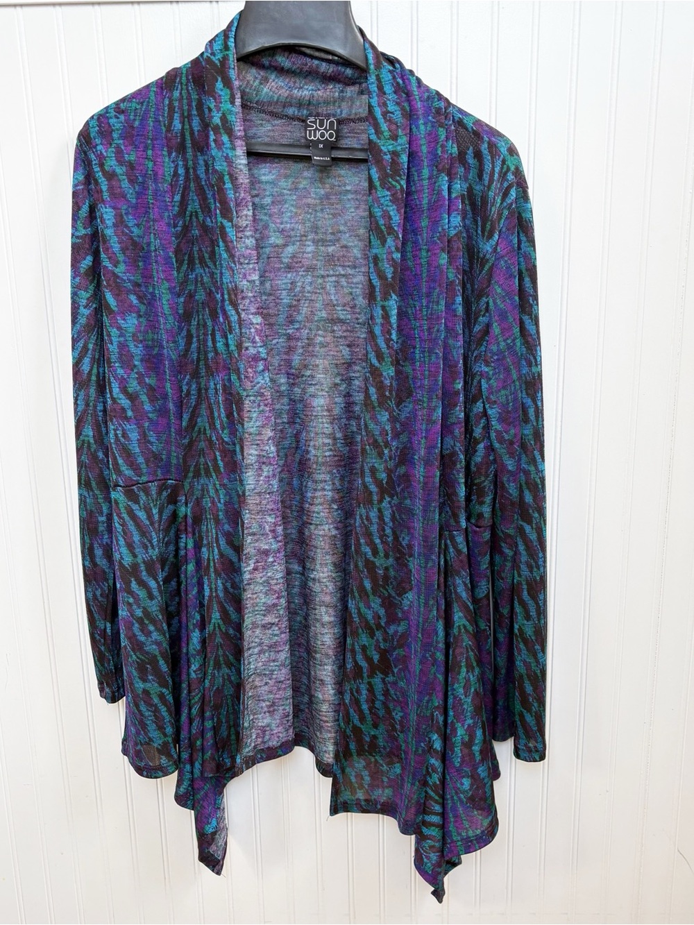 Clara Sun Woo Purple & Blue Abstract Open Front Drape Cardigan Women’s Plus 1X